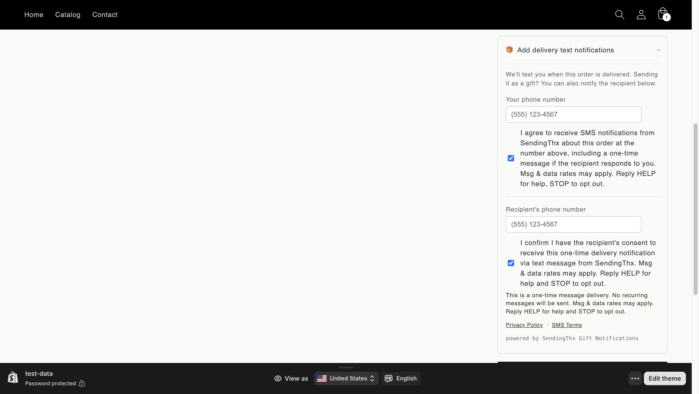 Cart page showing the purchaser consent checkbox checked, unlocking the recipient phone number field and recipient consent checkbox, both now checked