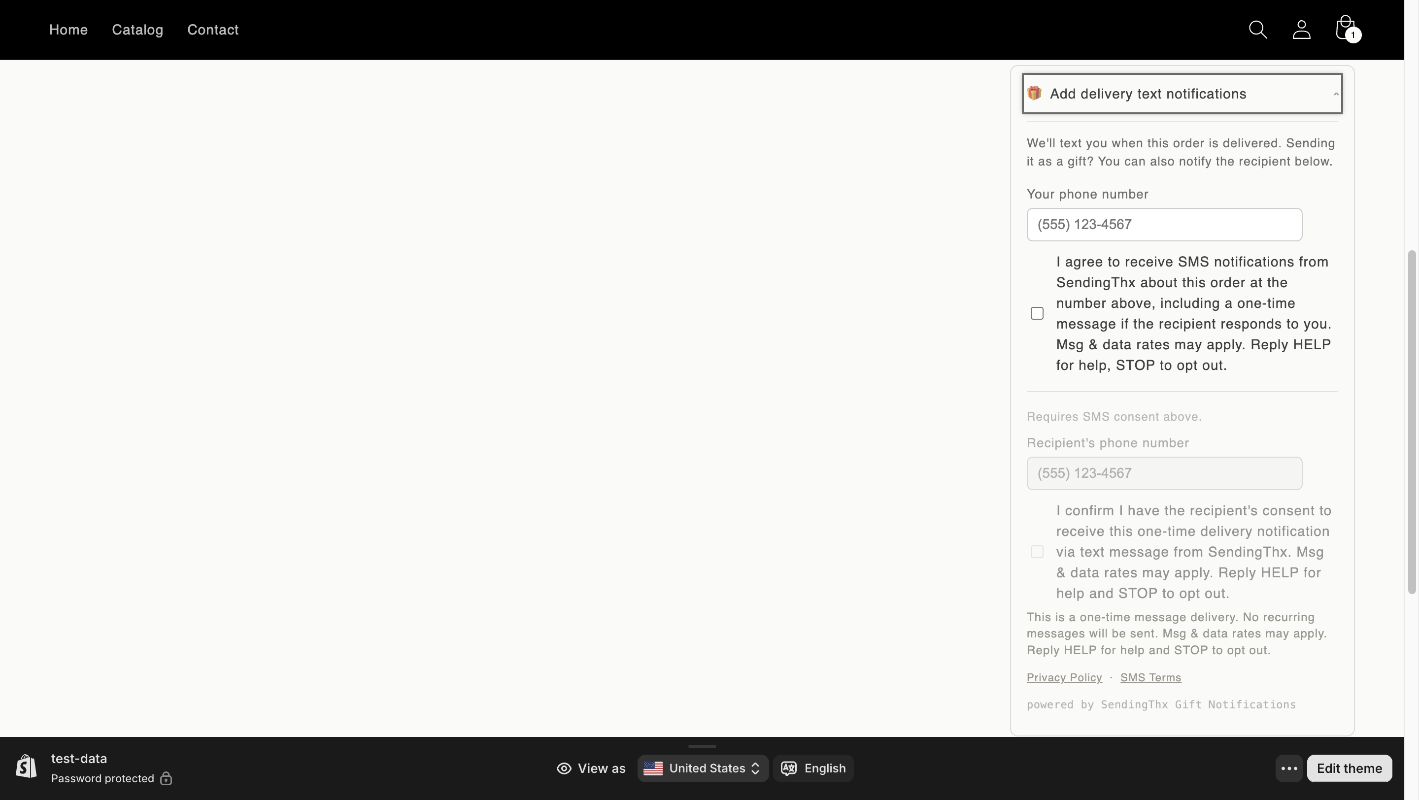 Cart page collapsed panel reading Add delivery text notifications, with the purchaser consent checkbox unchecked and the recipient section locked and grayed out
